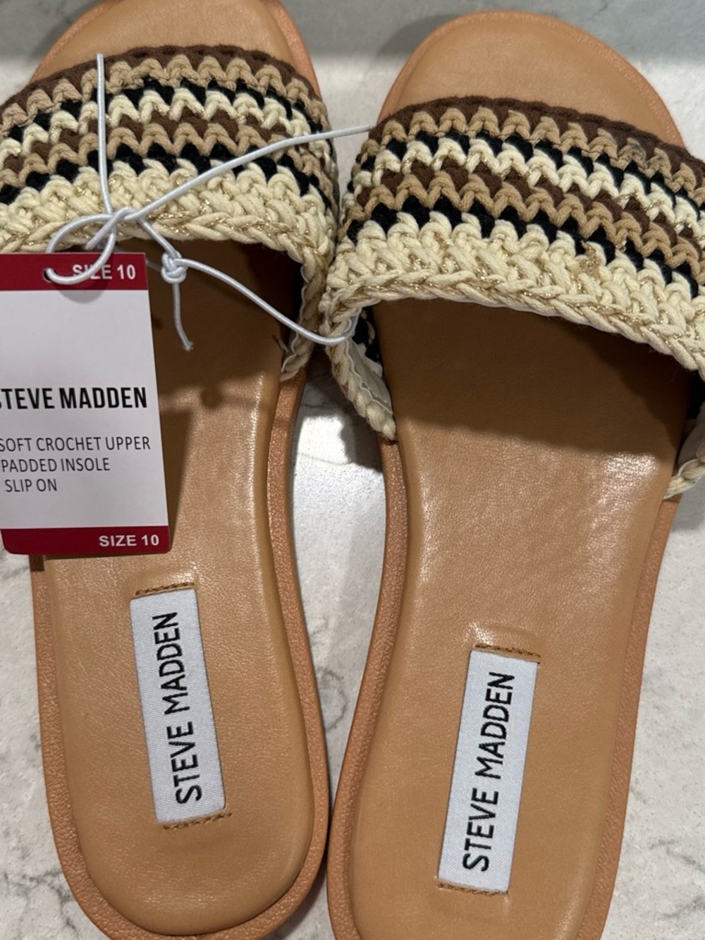 Steve Madden Tan and Cream Crochet Slide Sandals